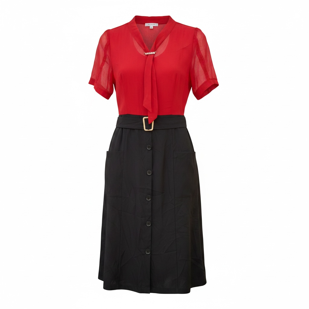 Vestido Midi Vermelho e Preto com Cinto e Bolsos